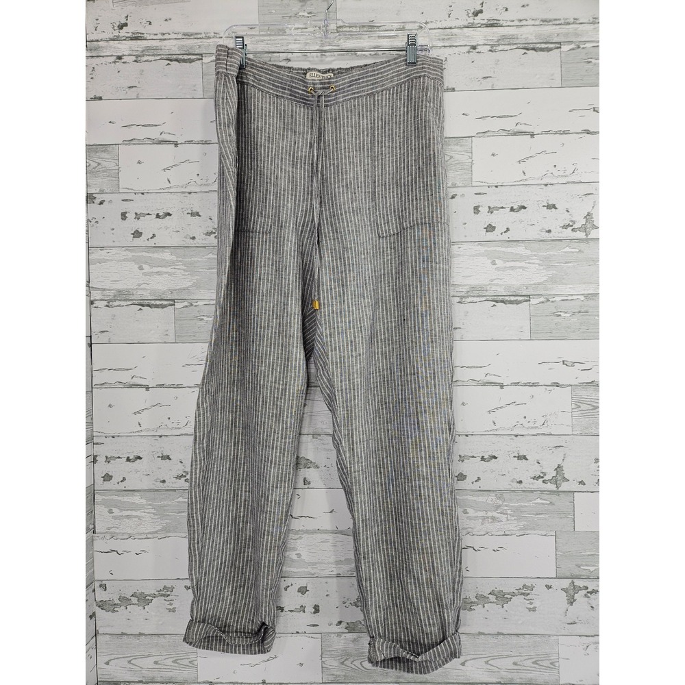 Ellen Tracy Linen Pants Womens Large Grey White Stripe Drawstring Relaxed Summer